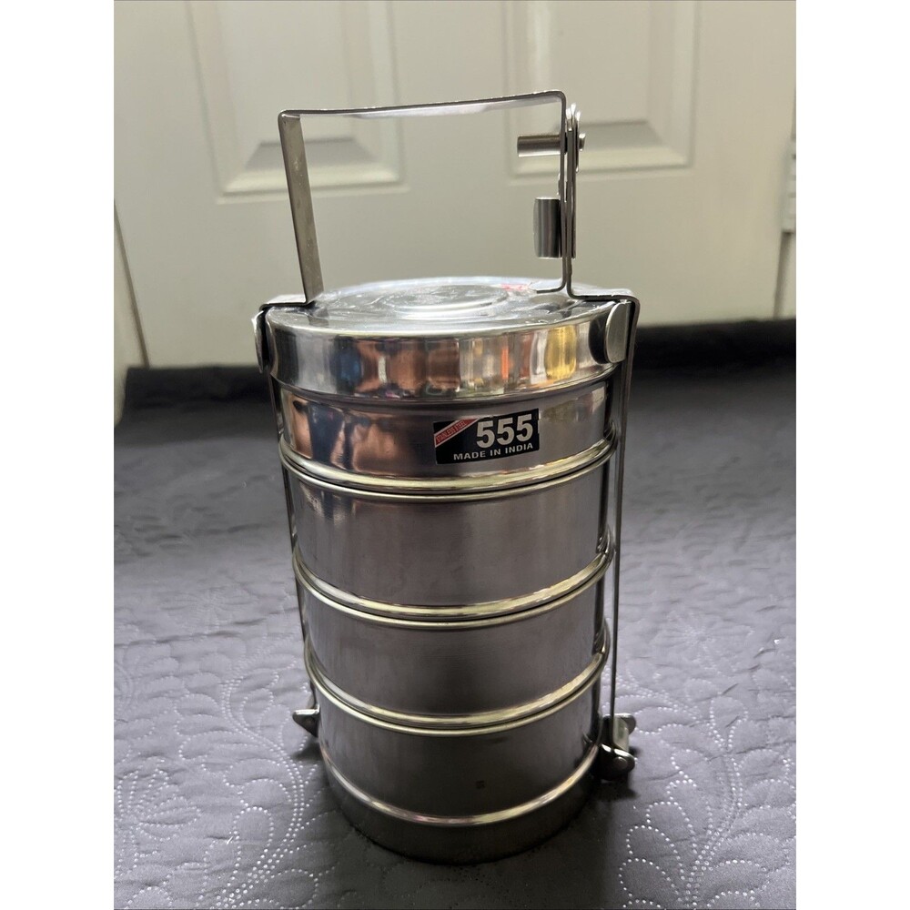 555 Stainless Steel Traditional Indian Tiffin Carrier Lunch Boxes 4 Containers
